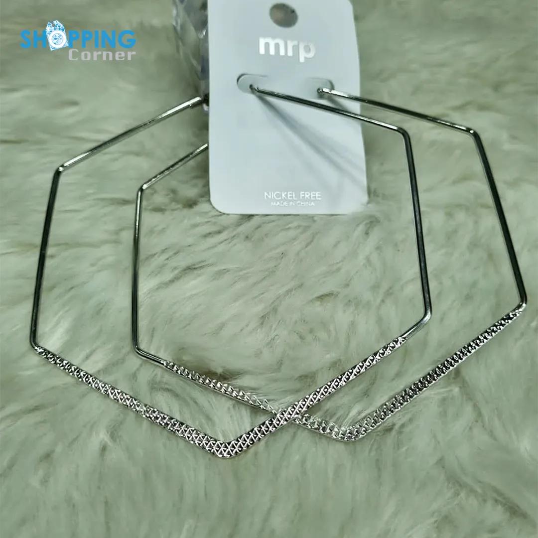 Silver Hexagon Large Hoop Earring