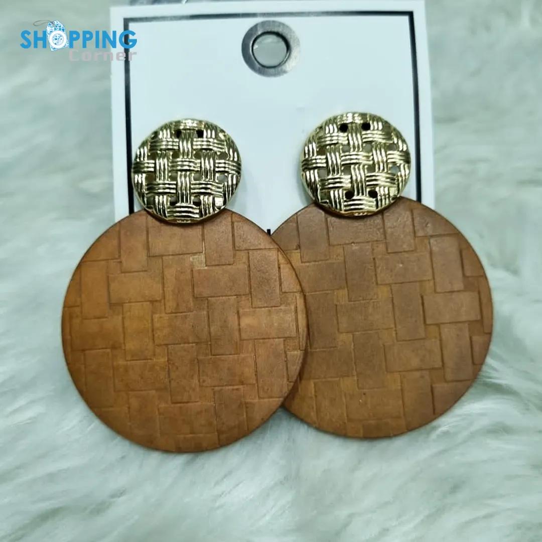 Golden Button Wooden Teardrop Shaped Earring
