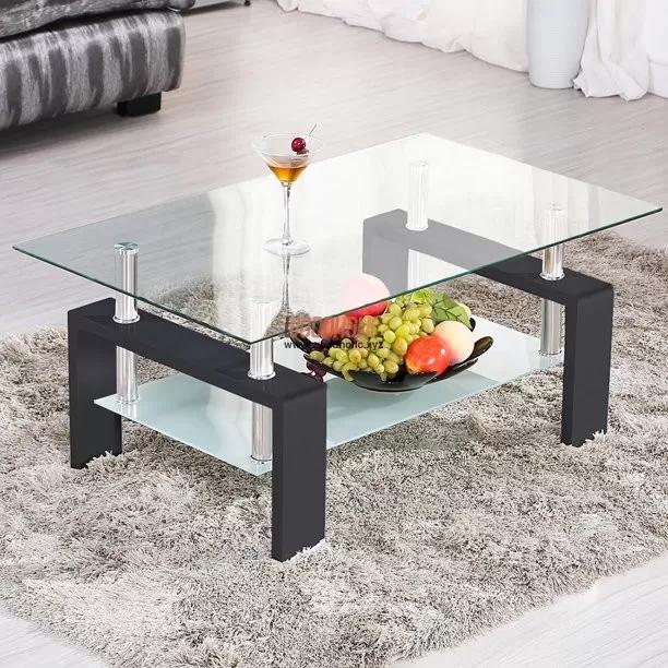 Alishan Rectangle Coffee Table for Living Room, Clear Glass Coffee Table with Lower Shelf, Modern Center Table with Wooden Legs