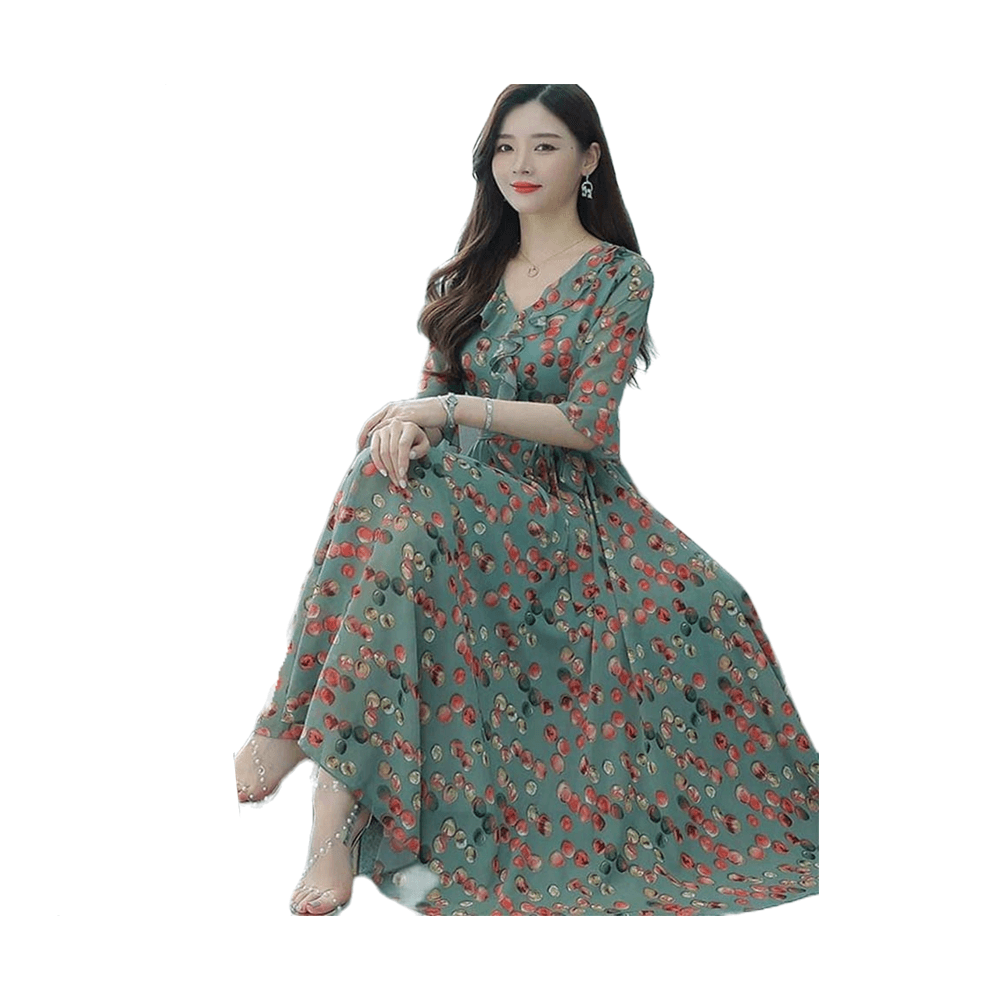 Linen 3D Screen Print Fashionable Long Gown For Women - Teal - G-M02