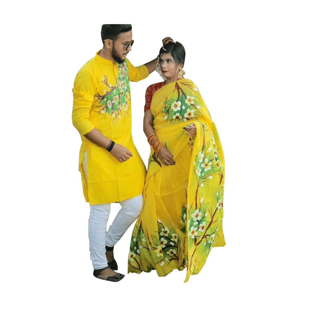 Half Silk Sharee and Cotton Punjabi Set For Couple - Yellow - CS-22