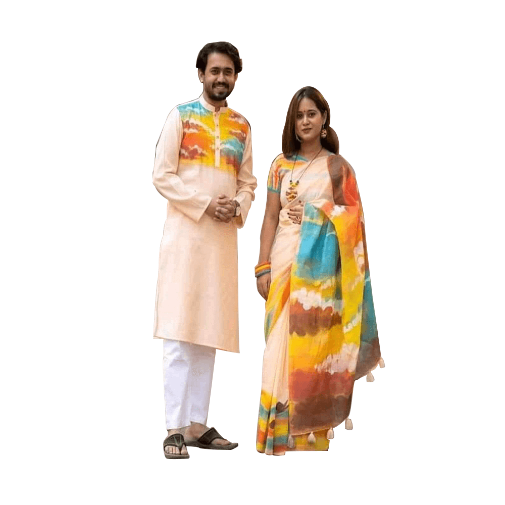 Half Silk Sharee and Cotton Punjabi Set For Couple - Coral/Yellow - CS-14