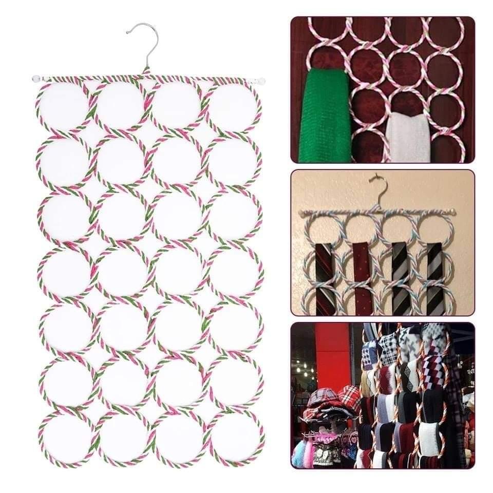28 Ring Scarf Shawl Scarves Holder, Tie Belt Hook Organizer Rattan Weave Hanger Wardrobe Storage Holder Display Rack