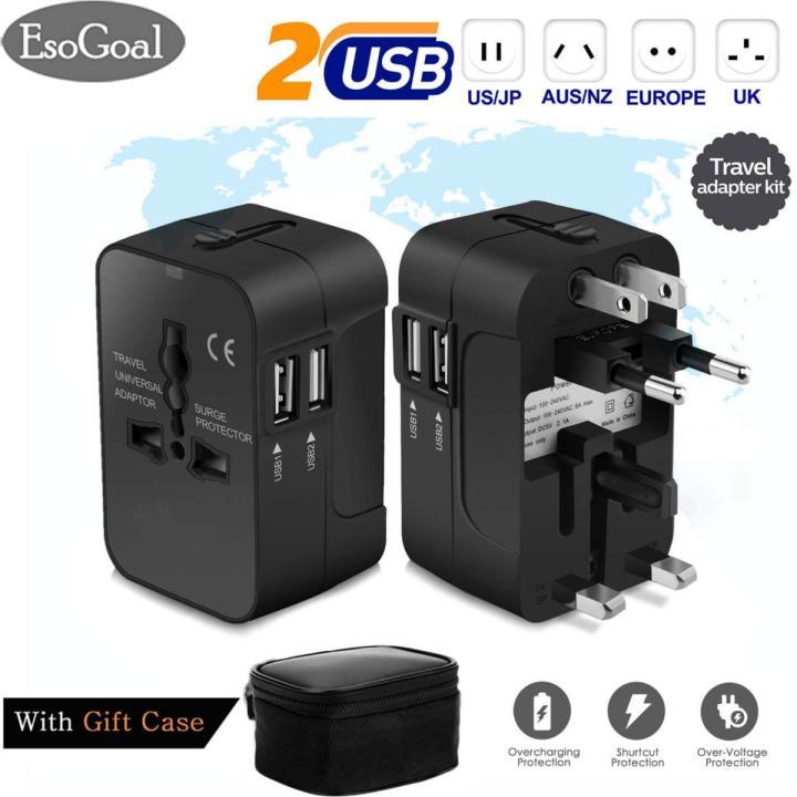EsoGoal Multi-Outlets Travel A-dapter All in One I-nternational U-niversal Wall Power Travel A-daptor with 2 USB Charging Ports UK/USA/EU/AUS Worldwide Converter Plug C-harger for LaptopsPhonesTablets and More(Ready stock)