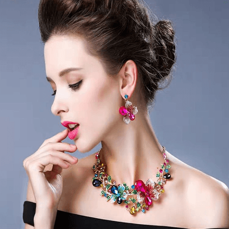 Luxury Full Diamond Painted Flower Necklace Earrings Two Piece women's jewelry set
