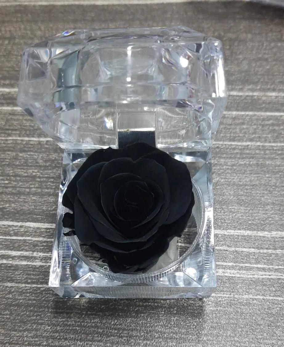 Eternal Preserved Black Rose Flower With Acrylic Crystal Ring Box