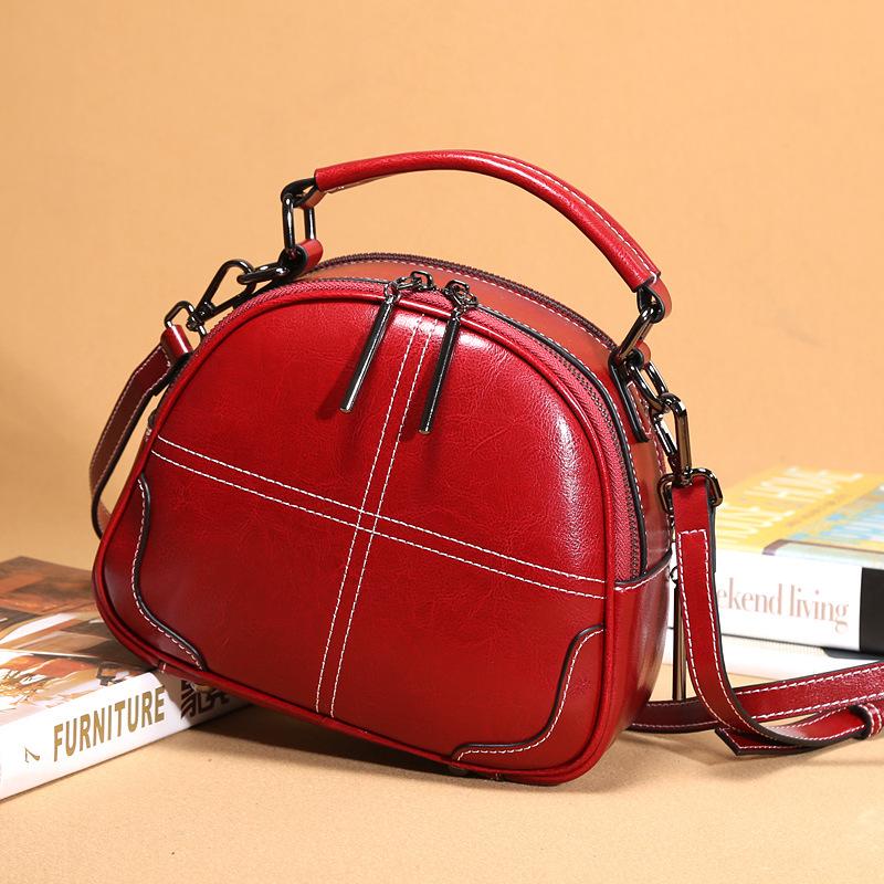 Luxurious Small Round Red Sling Leather Crossbody Zipper Shoulder Bag For Women