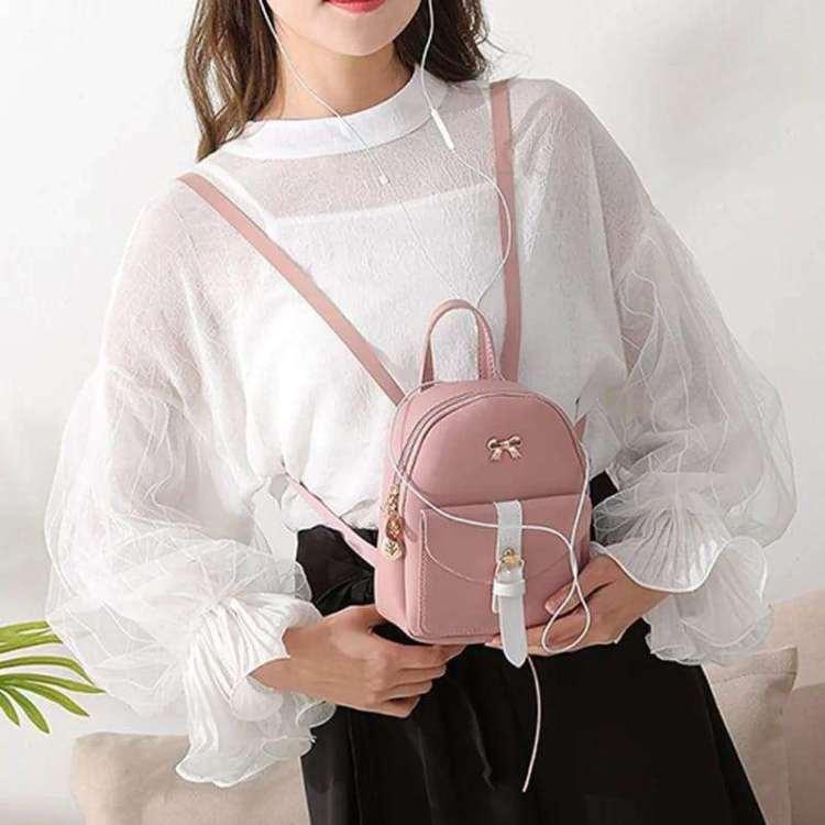 Women's Backpack PU Leather Kawaii Backpack Cute Graceful Bagpack Small School Bags for Girls Bow-knot Leaf Hollow