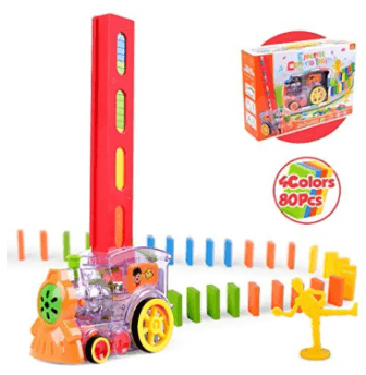 Domino Train Toy Set Rally Electric Train Model with 80 Pcs Colorful Domino Building Blocks Car Truck Vehicle Stacking