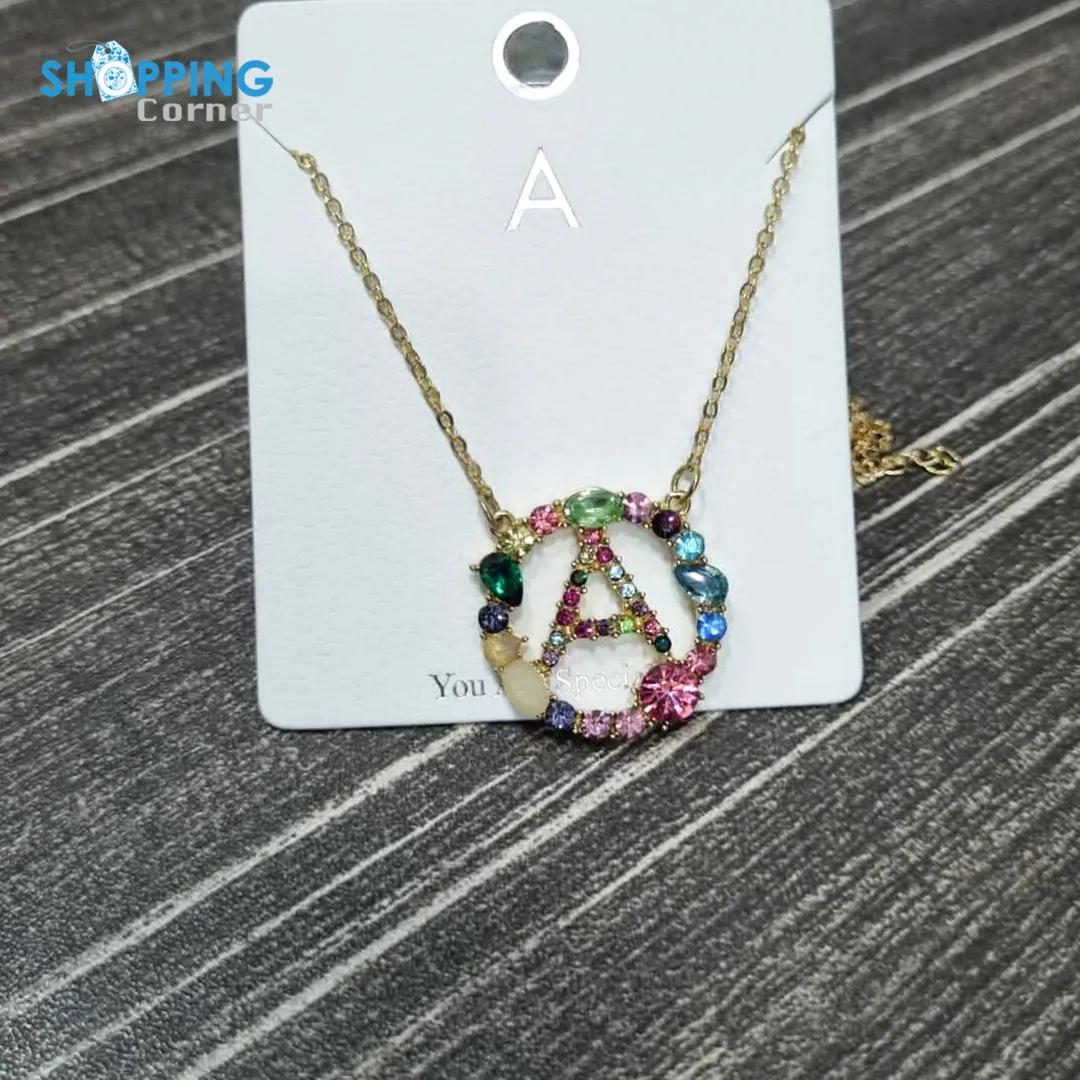 Colorful Rhinestones Gold Plated Necklace, Alphabet A