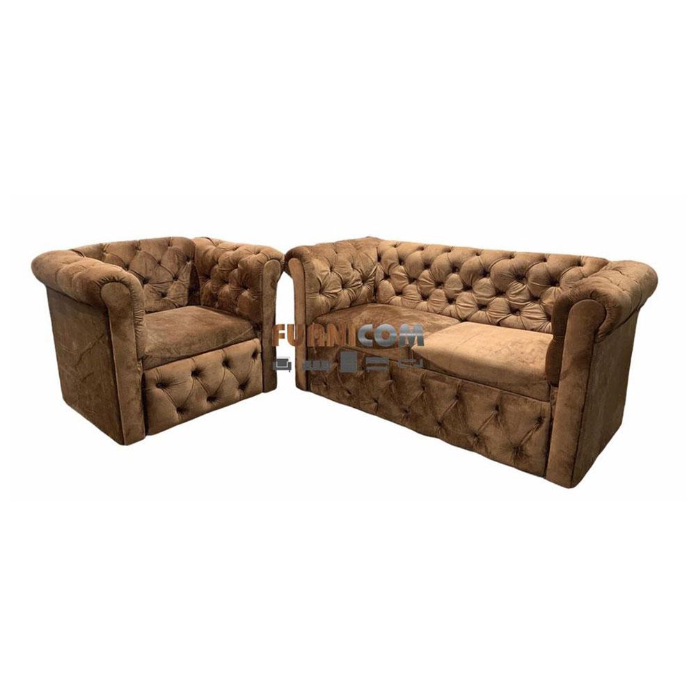 Velvet Button Tufted Chesterfield Sofa Set Brown Living Room Furniture Home and Office Sofa (2+1)