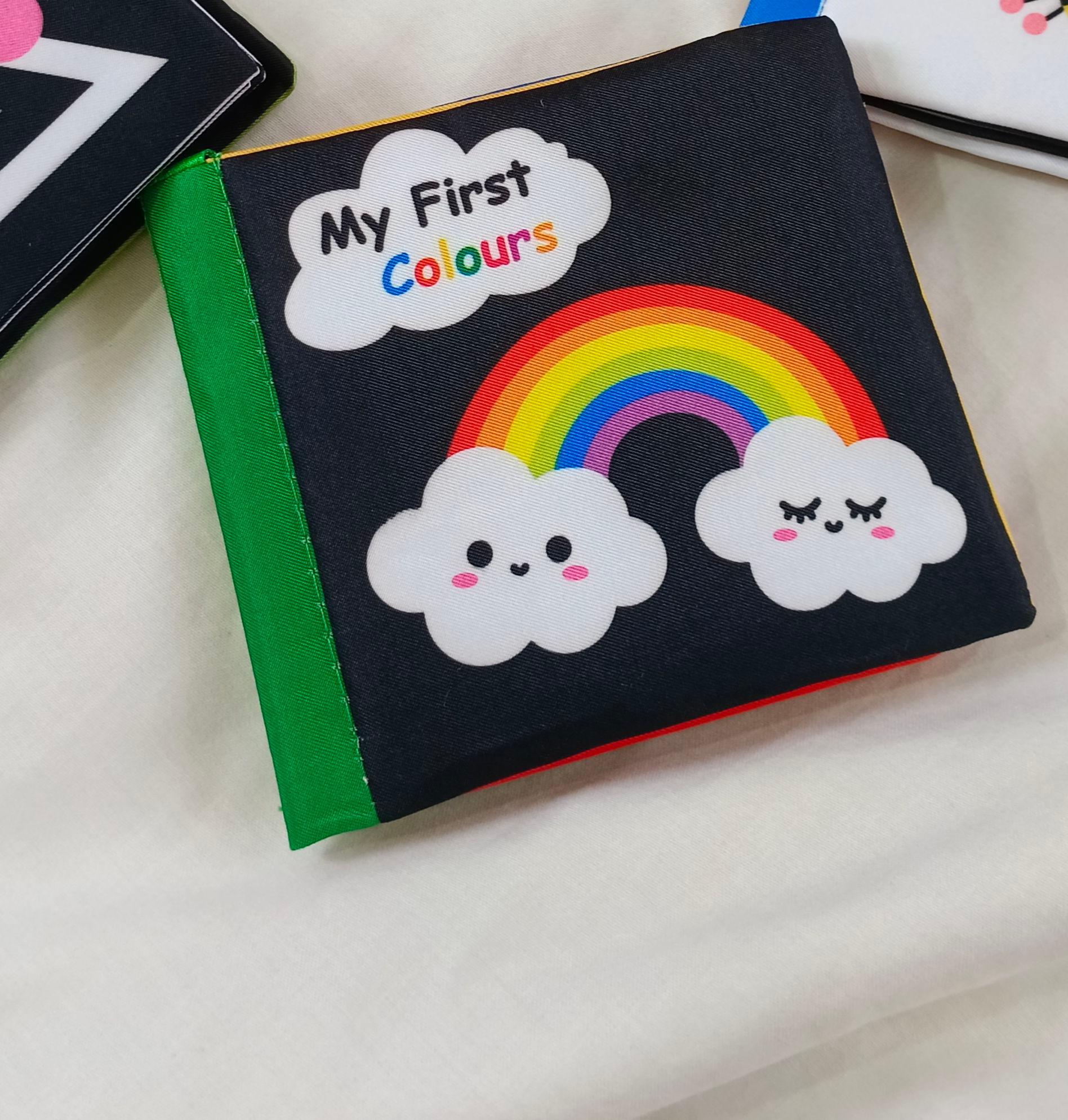 Cloth book for baby. "My First Colors" Black and White cloth book. Stimulating early learning fabric book. Cloth book with fun sound